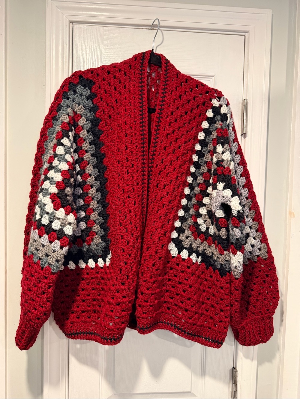 Handmade Crochet Granny Square One Size Cozy Cardigan Boho Chunky Knit Sweater